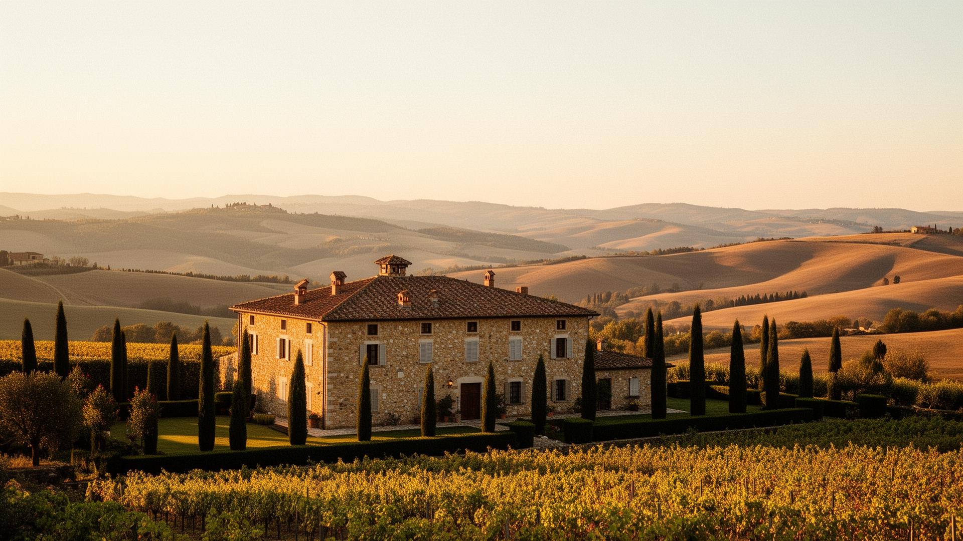 A stone villa in Chianti at the end of September, with vineyards in the foreground and the hills of the Pesa valley beyond.
